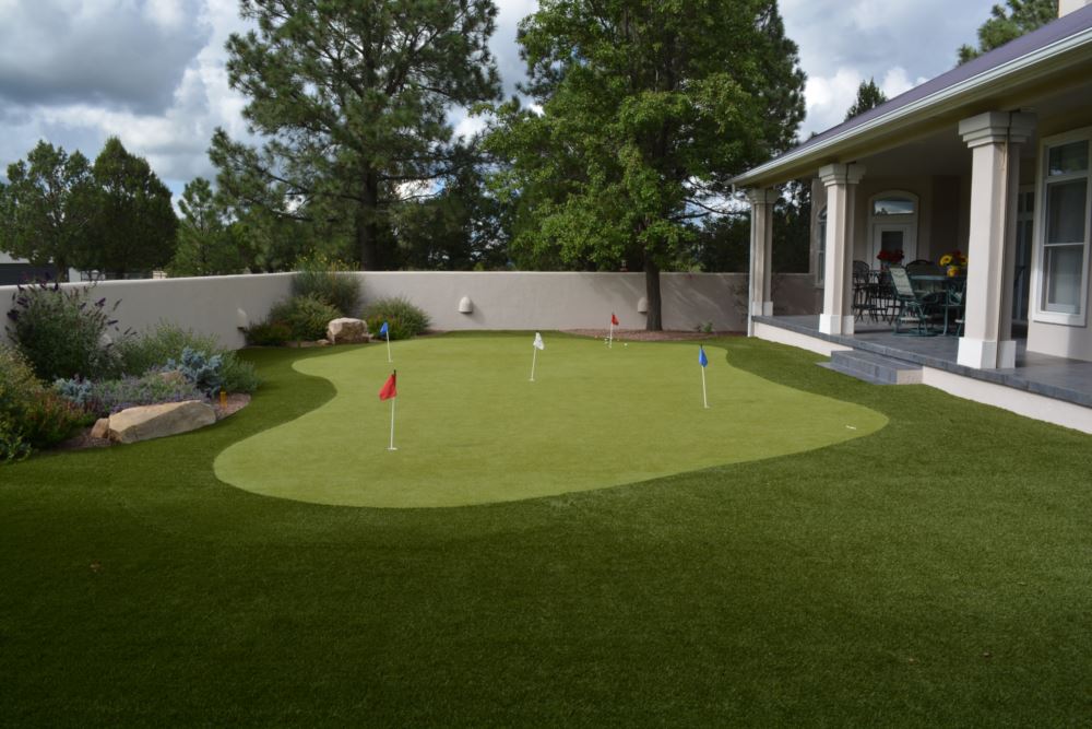 Residential backyard synthetic turf putting green with multiple flagsticks, surrounded by artificial grass fringe and landscaped trees, designed for realistic golf practice and low-maintenance outdoor living.