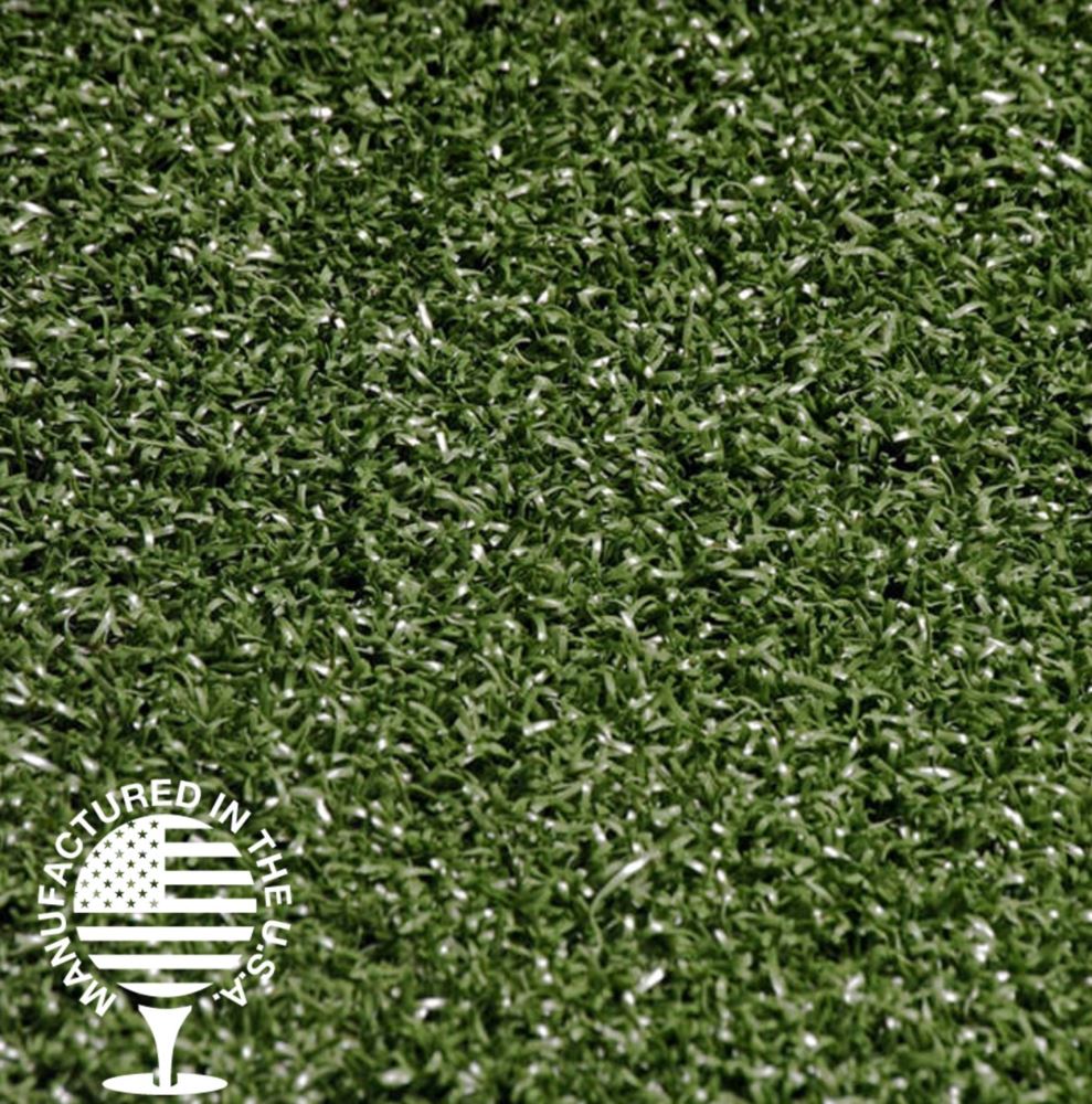 Close up image of artificial turf for tee lines with a Manufactured in the USA logo in the bottom left. Close up image of artificial turf for tee lines with a Manufactured in the USA logo in the bottom left.