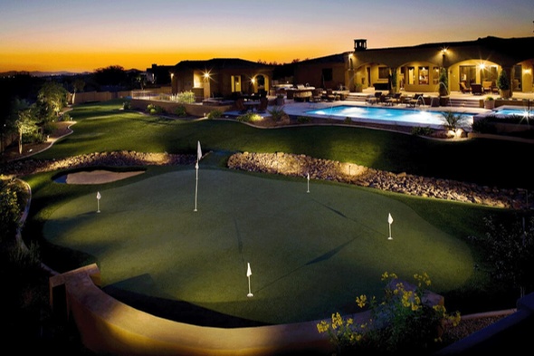 Southwest Greens of Asheville artificial golf green with sand trap at luxury home
